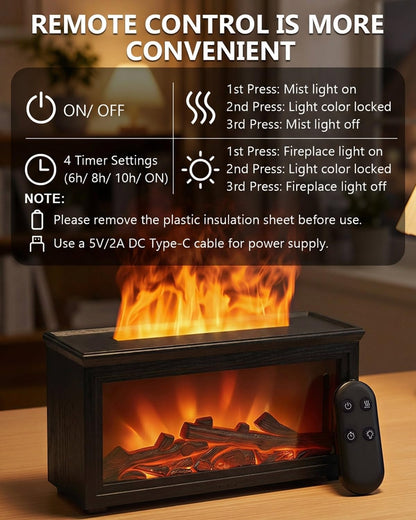 Essential Oil Diffuser, 7-Color Fireplace Fire Flame Aromatherapy Humidifier, 280ml Ultrasonic Aroma Diffuser, Cozy with Time Sets and Remote Control for Bedroom Home Yoga Office