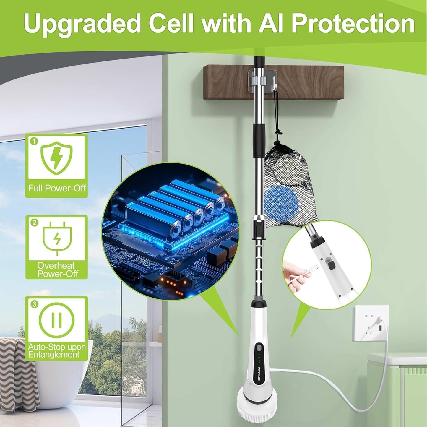 WKY-Electric Spin Scrubber - 10-in-1 Cordless Shower Scrubber & Cleaning Brush with Extendable Handle, 42 in-lbs Ultra High Torque, 2 Speeds, IPX7, LED Display, Smart AI Chip, for Bathroom, Kitchen