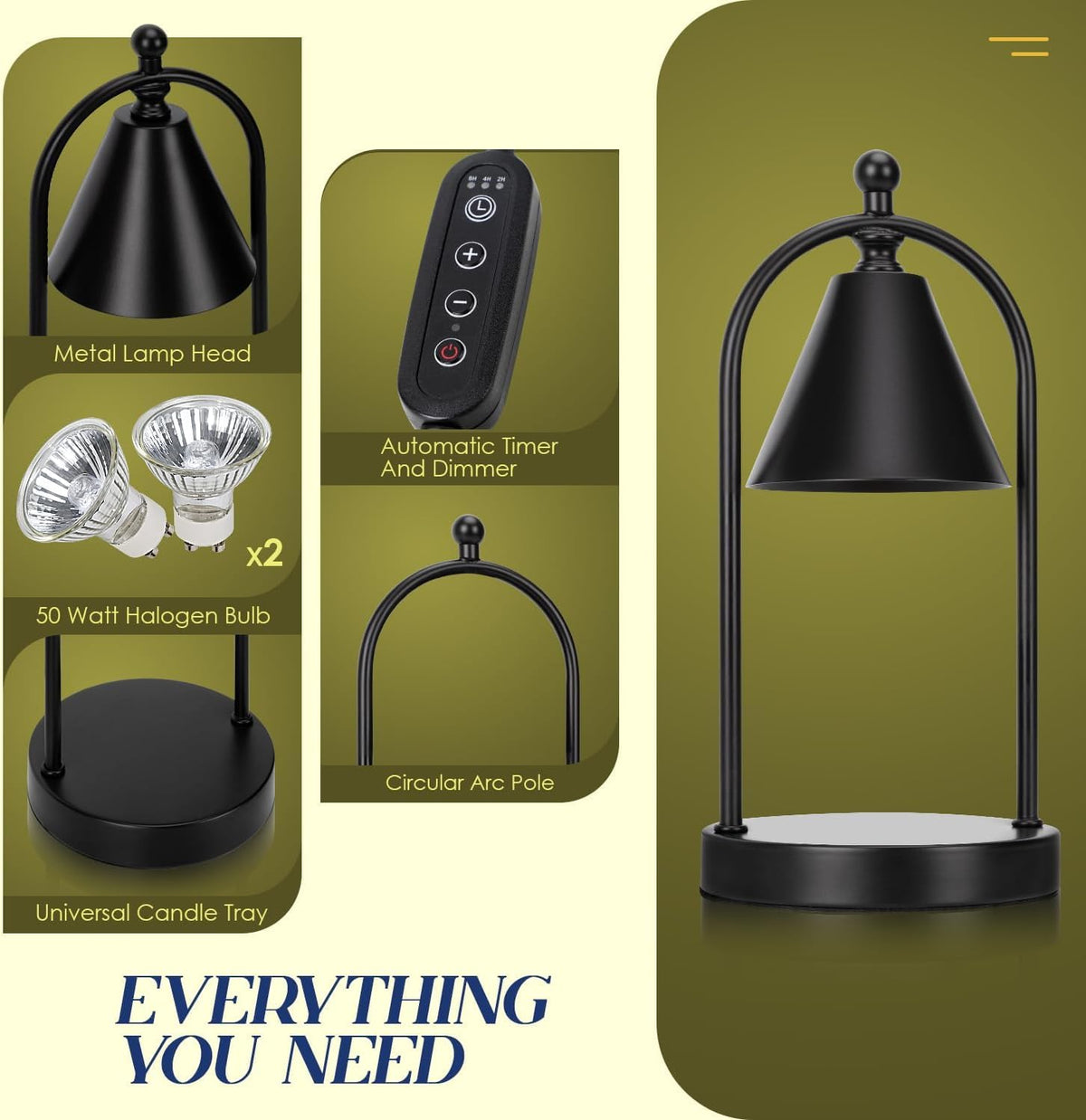 Candle Warmer Lamp with Timer, Electric Black Candle Warming Light for Bedroom, Dimmable Wax Melts Warmer for Home Decor Beside Lamp Gifts for Women (2 Bulbs Included)