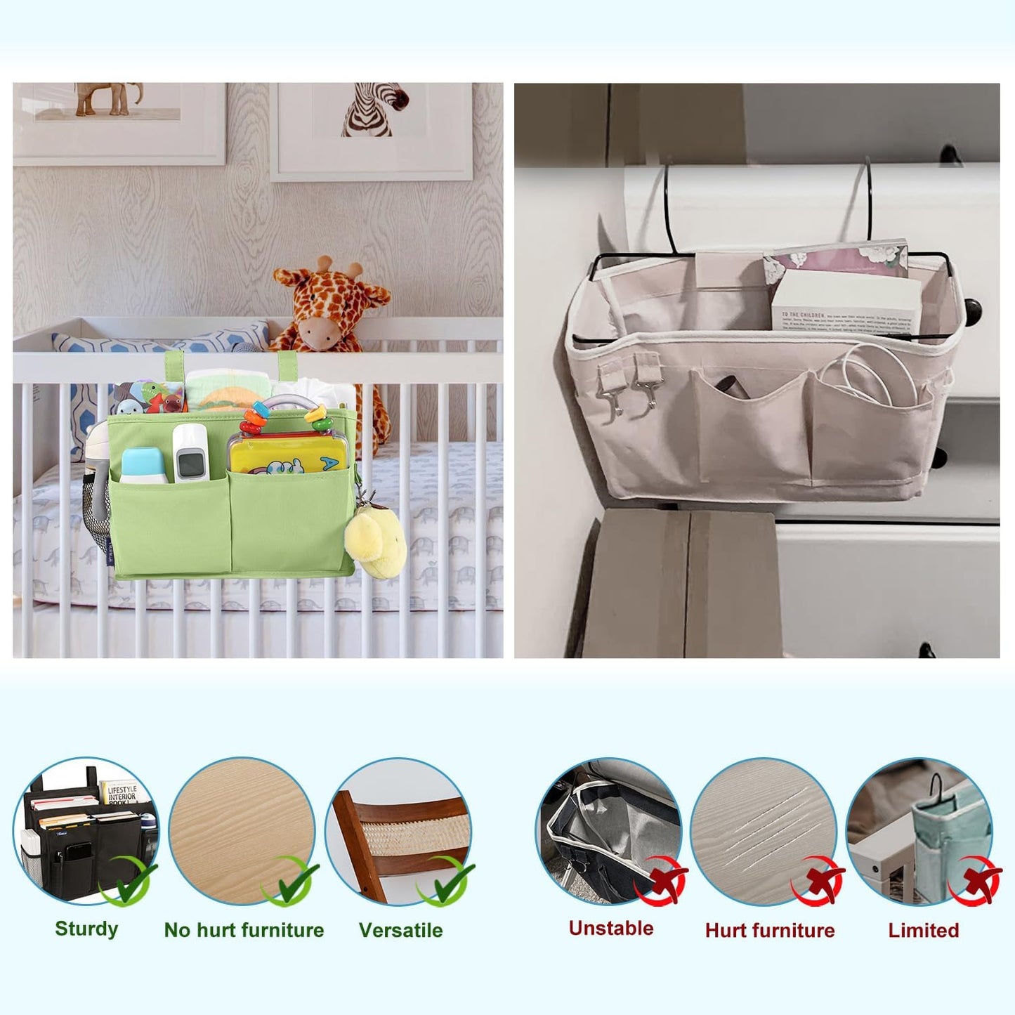 Surblue Bedside Caddy Hanging Organizer Storage Bag Pocket for Bunk, Hospital, College Dorm Rooms, Baby Bed Rails, Camp - 4 Pockets, 2 Hooks (Blue)