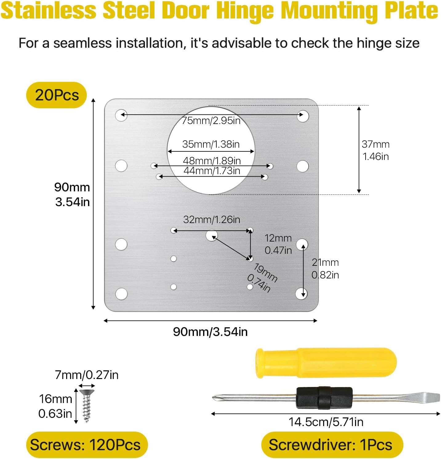 20 Pcs Stainless Steel Cabinet Hinge Repair Plate, 90x90mm Door Hinge Mounting Plate with 120 Screws and 1 Screwdriver, Hinges Repair Fixing Plates for Kitchen Cupboard Doors & Furniture