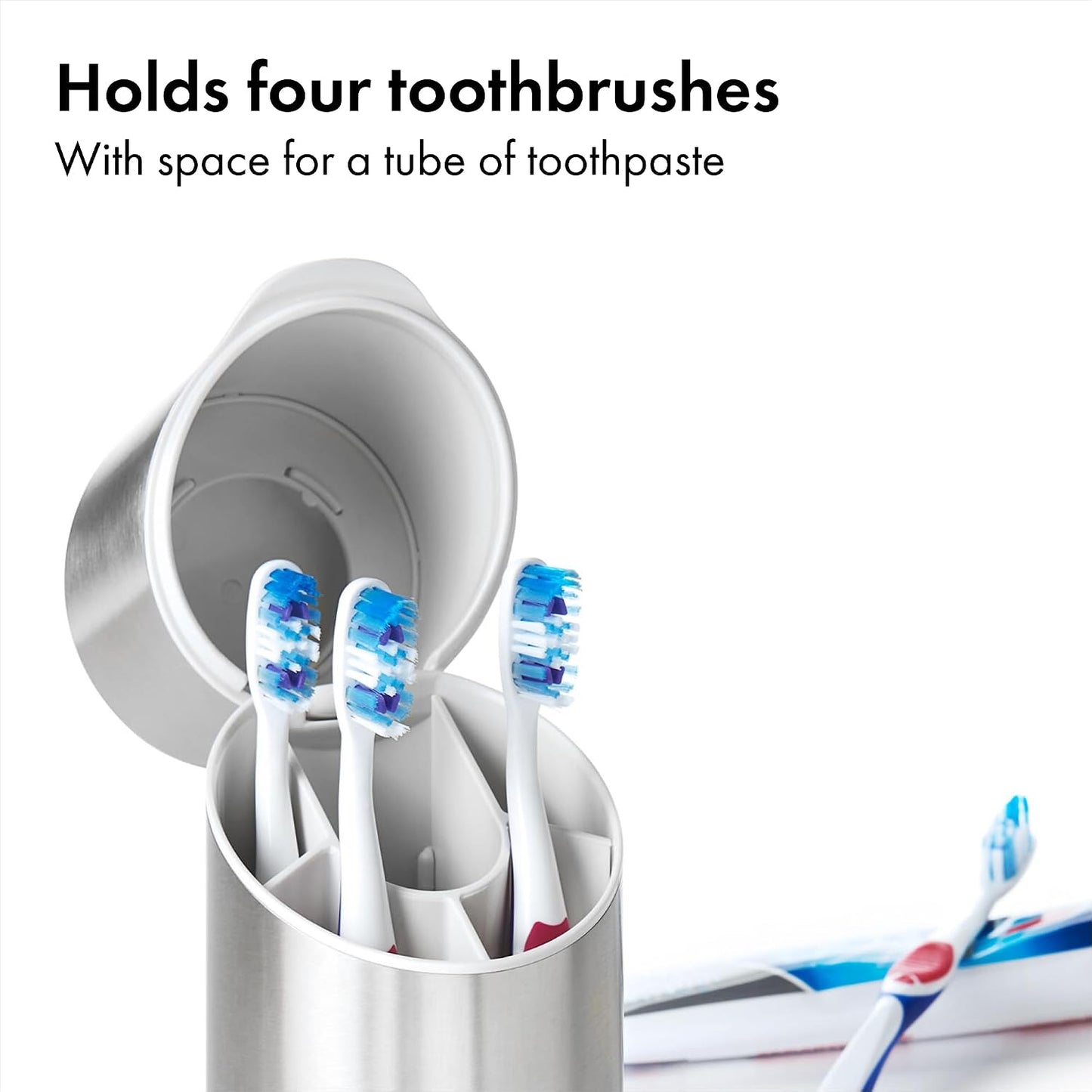 OXO Good Grips Bathroom Toothbrush Holder Set - Stainless Steel | Countertop Storage, Holds Up To 4 Toothbrushes, Easy To Clean, Hygienic Ventilation, Removable Divider
