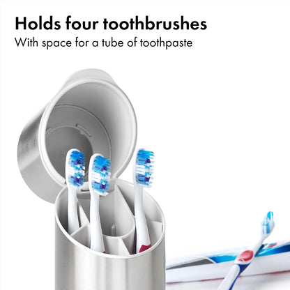 OXO Good Grips Bathroom Toothbrush Holder Set - Stainless Steel | Countertop Storage, Holds Up To 4 Toothbrushes, Easy To Clean, Hygienic Ventilation, Removable Divider
