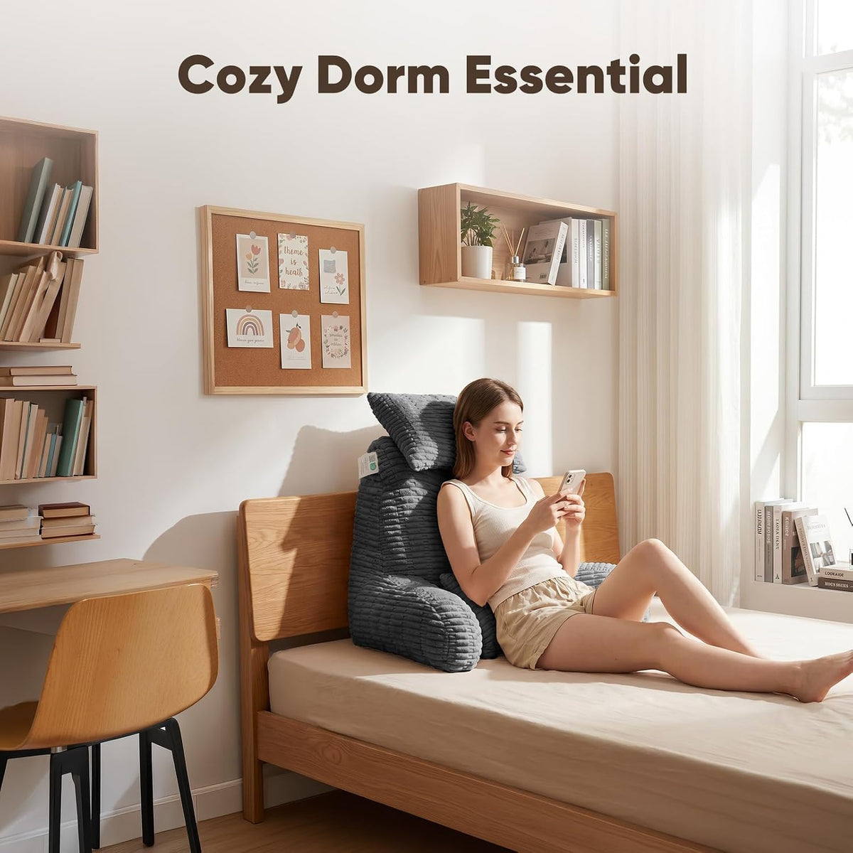 21" Higher Large Reading Pillow for Bed Adult, Back Pillow for Bed Sitting Up with Memory Foam Back Support with Arms Rest for Couch Chair Gray