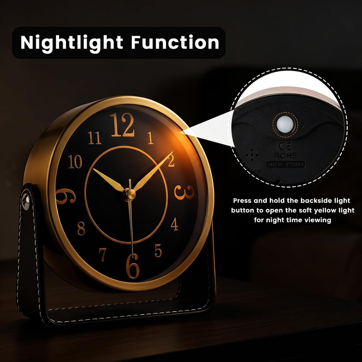 Analog Alarm Clock - 4.5" Silent Non Ticking Small Clock with Light, Rotatable Stand Metal Desk Clock Battery Operated, Simple Design for Living Room Decor/ Bedroom/Bedside/Shelf (Black & White)