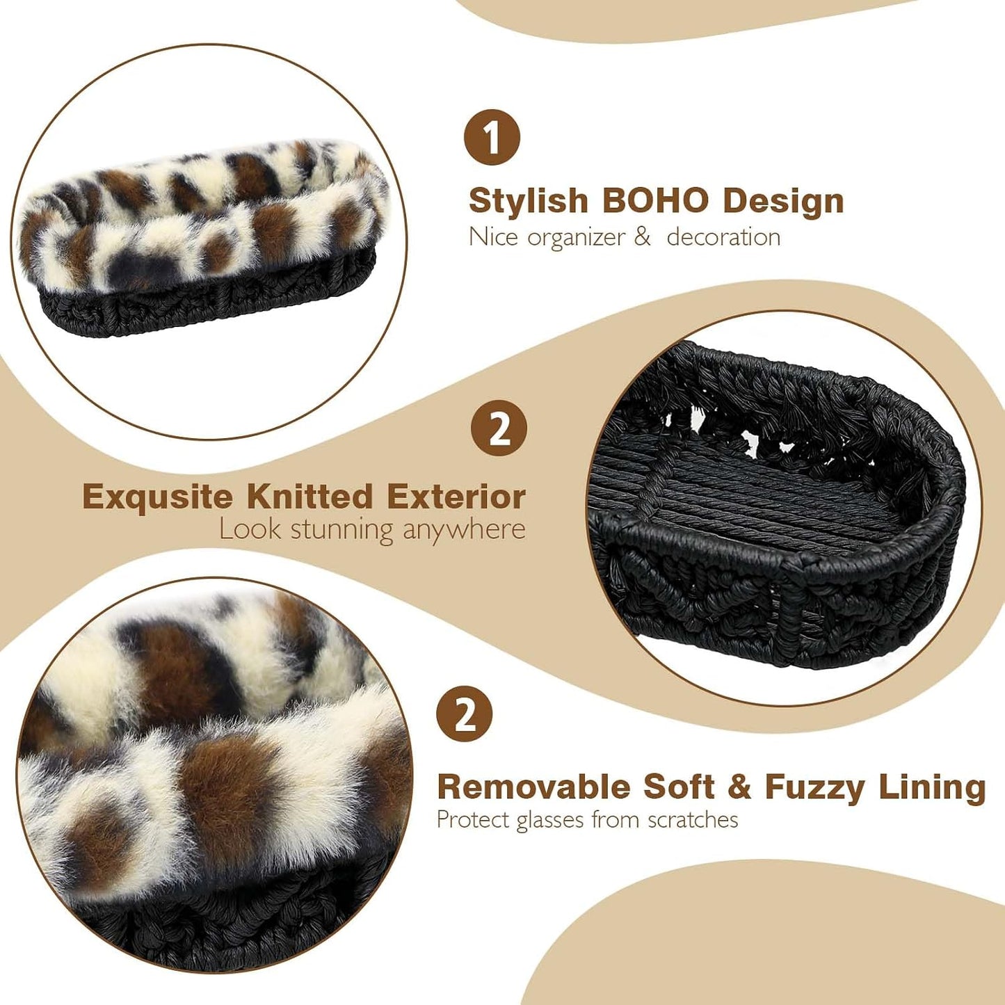 Plush Lined Eyeglass Holder Case for Nightstand | Anti-scratch Glasses Holder,Cotton Rope Eyeglass Stand Storage Organizer Tray for Office Desk