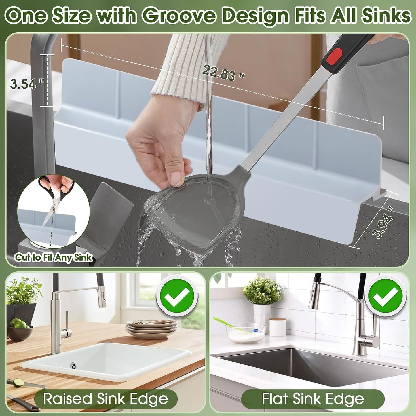 23” Kitchen Sink Splash Guard, OUTFANDIA Silicone Splash Guard with Strong Suction Cups, Flexible Sink Edge Protector for Kitchen/Bathroom, Front/Back Fcaucet, Tool Free to Install