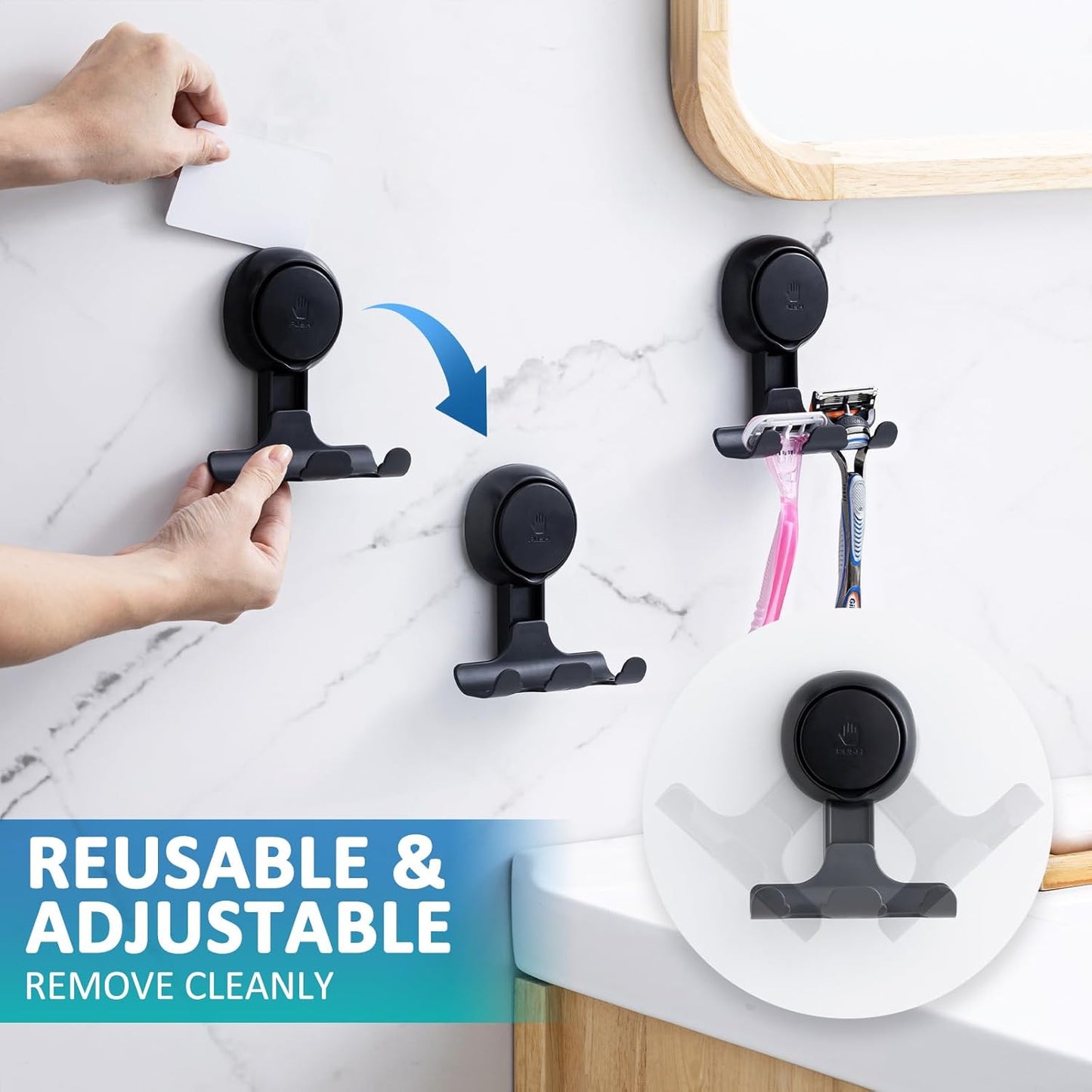 TAILI No Drill Powerful Suction Cup Razor Holder for Shower 2 Pack, Black | Waterproof, Towel, Loofah, Shaver Holder for Shower Wall, Powerful Suction Cup Hooks for Bathroom, Easy to Install and Reuse