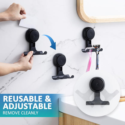 TAILI No Drill Powerful Suction Cup Razor Holder for Shower 2 Pack, Black | Waterproof, Towel, Loofah, Shaver Holder for Shower Wall, Powerful Suction Cup Hooks for Bathroom, Easy to Install and Reuse
