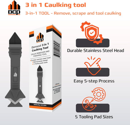 DCP Donseal 3 in 1 Caulking Tool Kit – Silicone Caulking Tool for Removal, Scraping & Finishing – Precise Caulk Remover & Applicator with 5 Tooling Pads – Stainless Steel Caulk Scraper for Smooth Seal