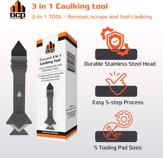 DCP Donseal 3 in 1 Caulking Tool Kit – Silicone Caulking Tool for Removal, Scraping & Finishing – Precise Caulk Remover & Applicator with 5 Tooling Pads – Stainless Steel Caulk Scraper for Smooth Seal
