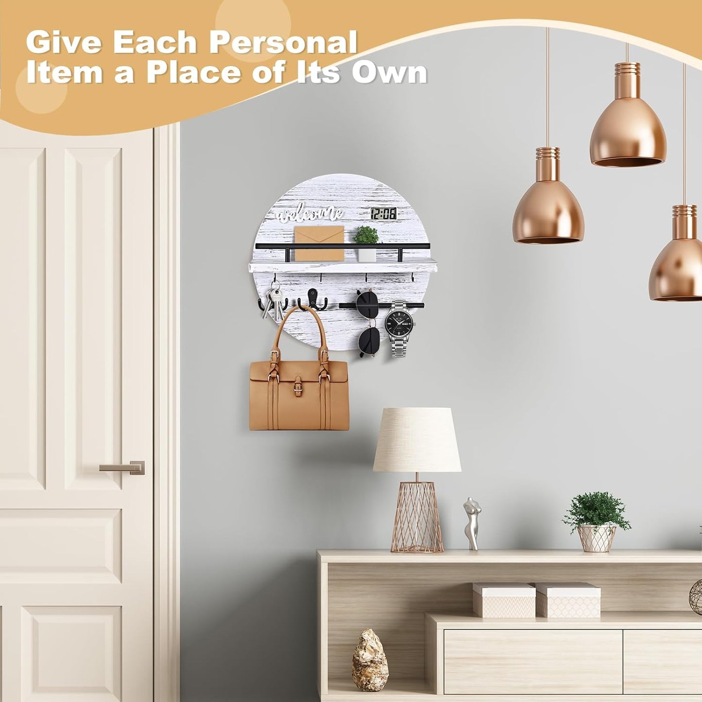 Key Holder for Wall, Key and Mail Holder Organizer with - Key Holder Wall Mount - Round Wooden Rustic Home Decor for Entryway, Mudroom, Hallway, Kitchen Office (Black)