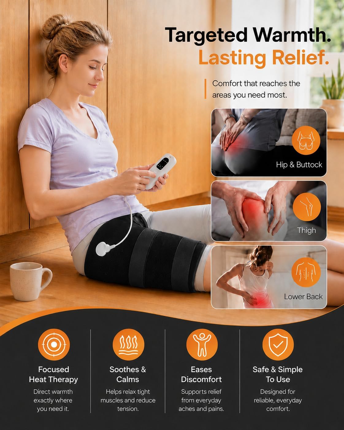 Hip Heating Pad for Hip Brace Sciatica Pain Relief, 16 x 14 in | Wearable Electric Hip Wrap with Adjustable Strap for Lower Back, Thigh & Buttock, 6 Heat Levels, 4 Auto-Off Timers