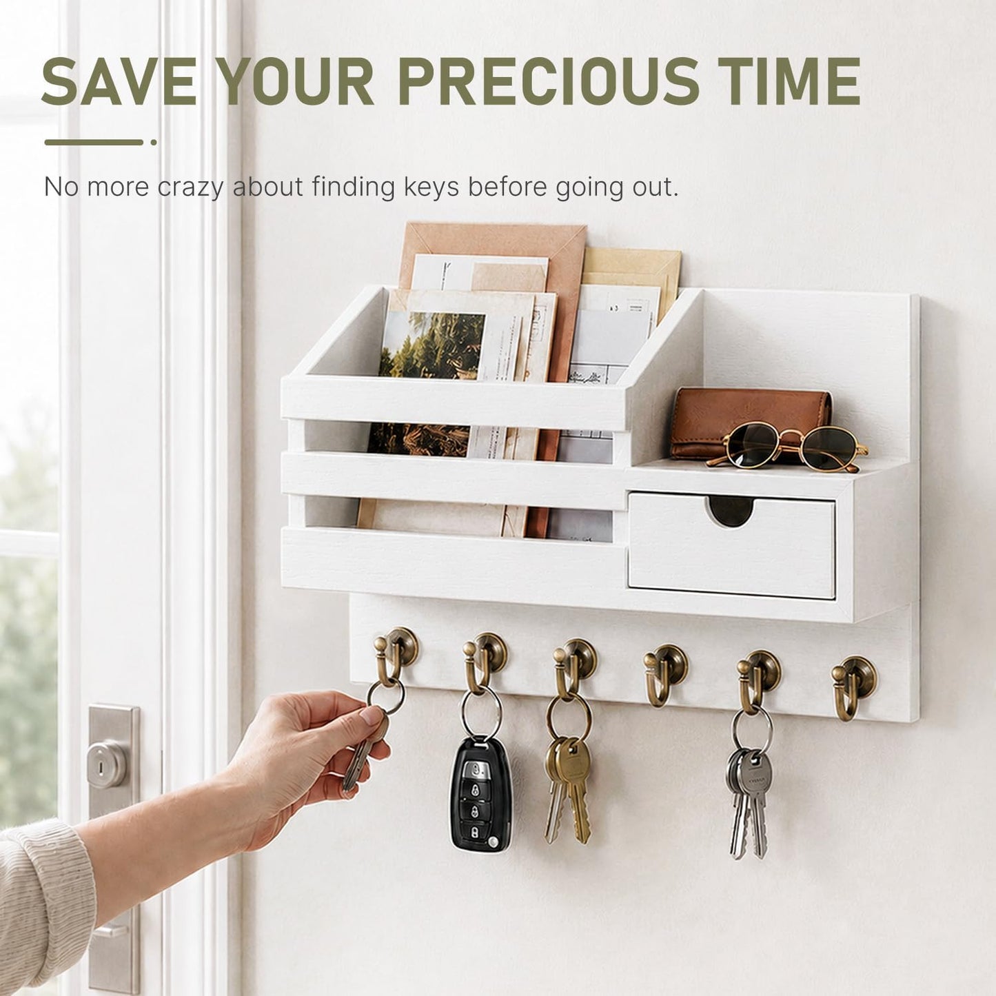 FifthQuarter Key and Mail Holder Wall Mount with Drawer and 6 Sturdy Hooks | Cute Rustic Farmhouse Wooden Key Hanger, Reliable Entryway Organizer for Keys and Daily Essential, Easy Installation, A-White