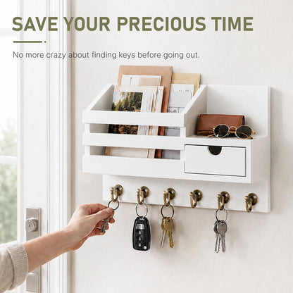 FifthQuarter Key and Mail Holder Wall Mount with Drawer and 6 Sturdy Hooks | Cute Rustic Farmhouse Wooden Key Hanger, Reliable Entryway Organizer for Keys and Daily Essential, Easy Installation, A-White