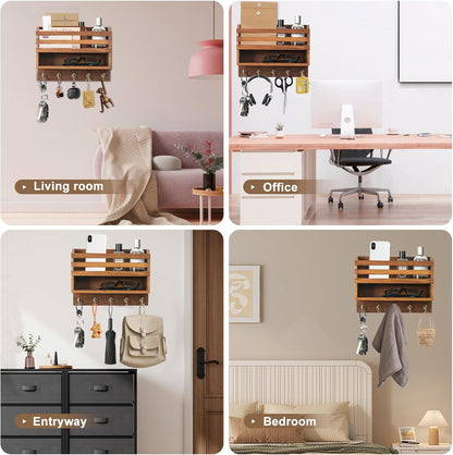 Key Holder Wall Mount with Mail Organizer, 5 Key Hooks, Brown | Wood Mail Organizer Wall Mounted with 5 Key Hooks & Storage Box and Mail Organizer for Entryway, Apartment, Home and Office