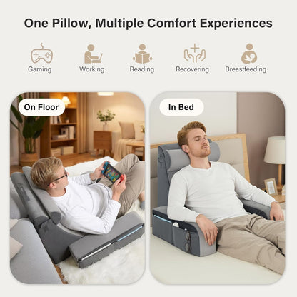 Vekkia 21" Reading Pillow for Bed with Adjustable Arms and XL Side Pockets | 60° Wedge Back Support, Washable Cover, Support Chair for TV, Gaming, Working, Nursing, Recovery in Bed & Floor, Black/Gray