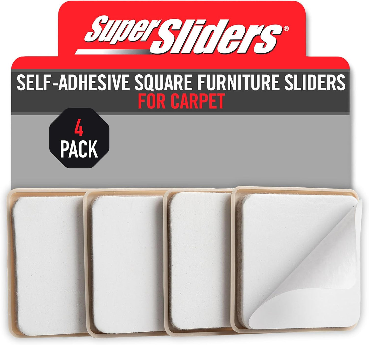 Super Sliders 2-1/2" Self-Stick Square Furniture Sliders for Carpet and Hard Surfaces, Anti-Slip Adhesive Furniture Moving Pads for Beds, Sofas, Dressers, Set of 4, Beige