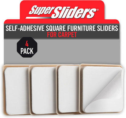 Super Sliders 2-1/2" Self-Stick Square Furniture Sliders for Carpet and Hard Surfaces, Anti-Slip Adhesive Furniture Moving Pads for Beds, Sofas, Dressers, Set of 4, Beige