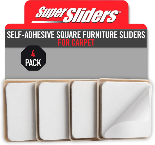 Super Sliders 2-1/2" Self-Stick Square Furniture Sliders for Carpet and Hard Surfaces, Anti-Slip Adhesive Furniture Moving Pads for Beds, Sofas, Dressers, Set of 4, Beige