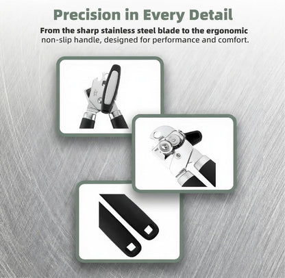 Heavy Duty Manual Can Opener, Stainless Steel, Black | 2-In-1 Can & Bottle Opener, Smooth Edge Sharp Cutting, Soft Oversized Handle, Easy Clean, Multifunctional Kitchen Tool