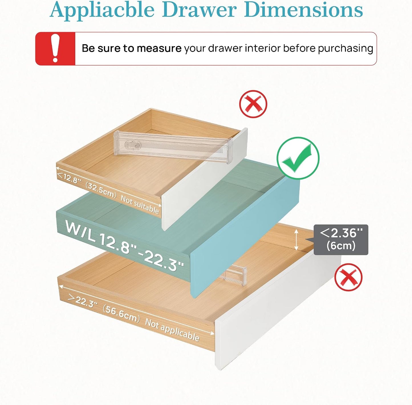 Vtopmart 2.36" Drawer Dividers with Expandable Inserts, 12.8"-22.3", 8 Pack | Adjustable Kitchen Drawer Organizer, Clear Organizer Separator for Flatware, Utensil, Cutlery, 8 Dividers with 14 Inserts