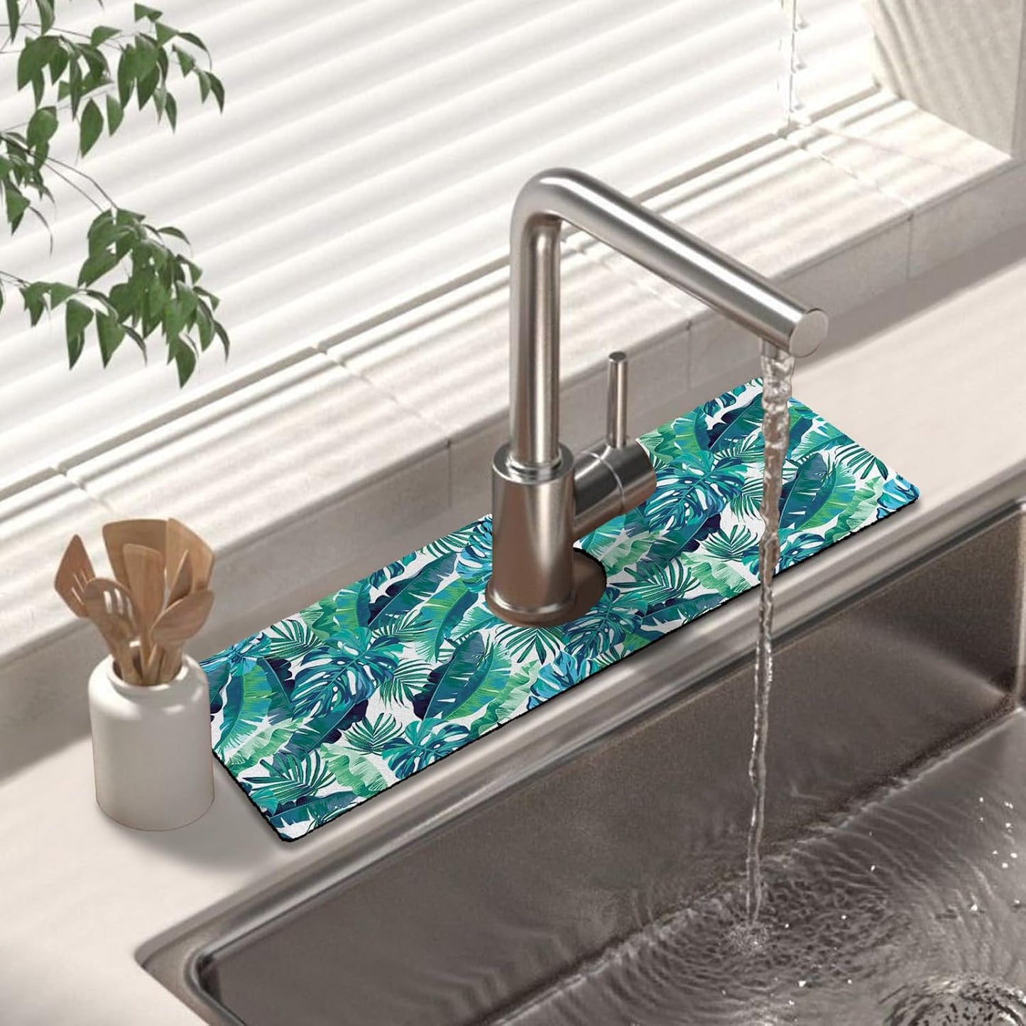 Kitchen Sink Splash Guard Faucet Mat 24" X 5.5" Tropical Leavesl Absorbent Fast Drying Mat Faucet Draining Mat Sink Splash Guard Behind Faucet Drip Catcher for Kitchen Bathroom