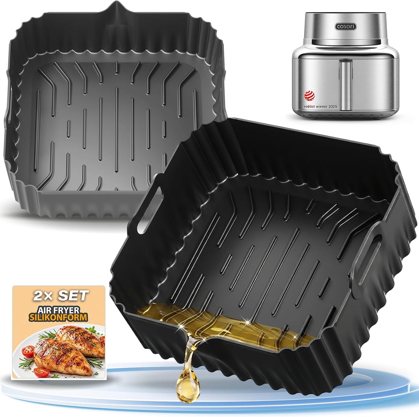 Silicone Air Fryer Liners for COSORI Iconic Stainless Steel 6.5 Qt 2 Pack | Square Reusable Non-Stick Basket Inserts for 6.5 QT Air Fryers, Dishwasher Safe, BPA-Free