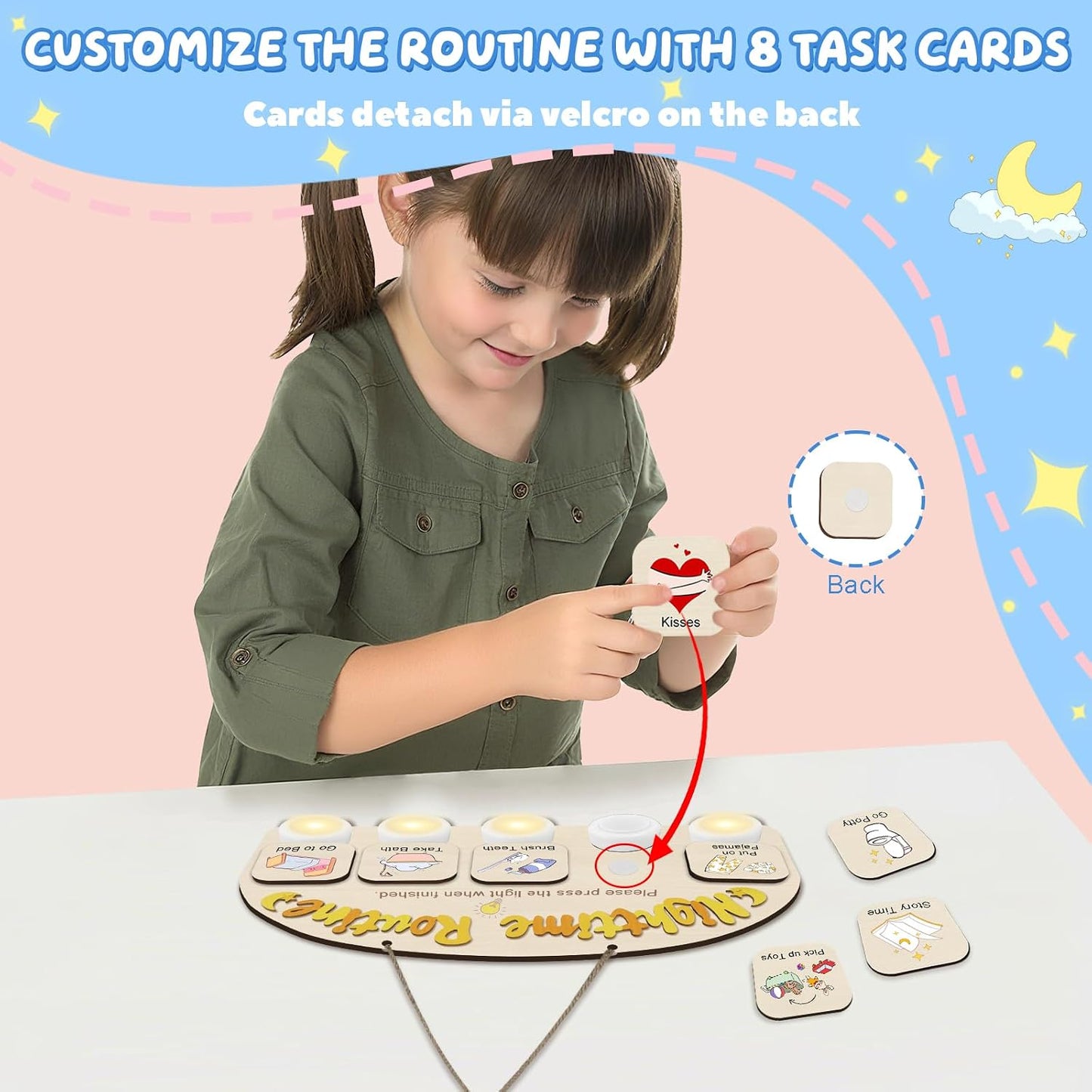 Upgraded Morning Routine Chart for Toddlers, Visual Schedule Chart | to Do List with 5 Tap Lights & 9 Activity Cards, Wooden Schedule Board for Kids, Preschoolers, Autism, ADHD Tools