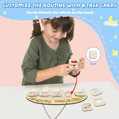 Upgraded Morning Routine Chart for Toddlers, Visual Schedule Chart | to Do List with 5 Tap Lights & 9 Activity Cards, Wooden Schedule Board for Kids, Preschoolers, Autism, ADHD Tools