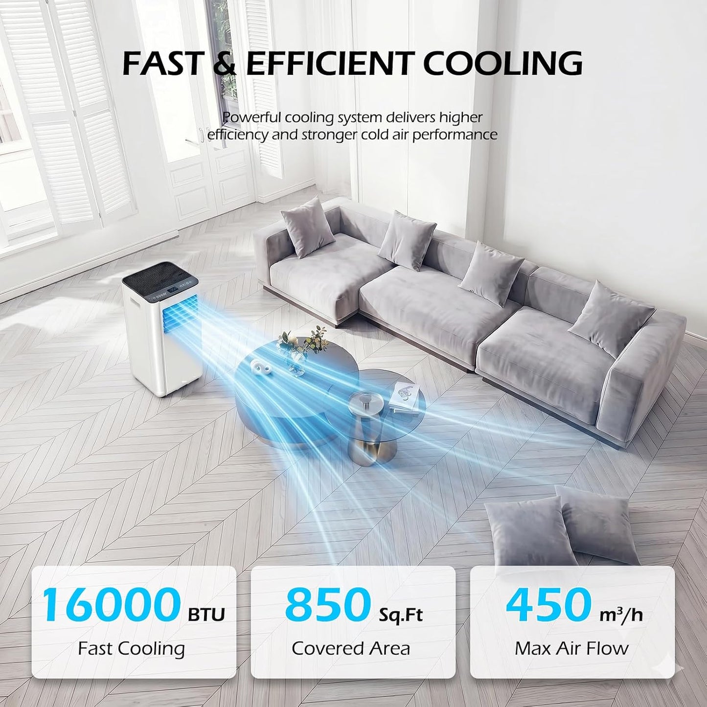 16000 BTU Portable Air Conditioners with WiFi APP | 5-in-1 Fast Cooling for 850 Sq.Ft, Dehumidifier, Fan, 24H Timer, Quiet 40dB Sleep Mode for Home - Included window kit
