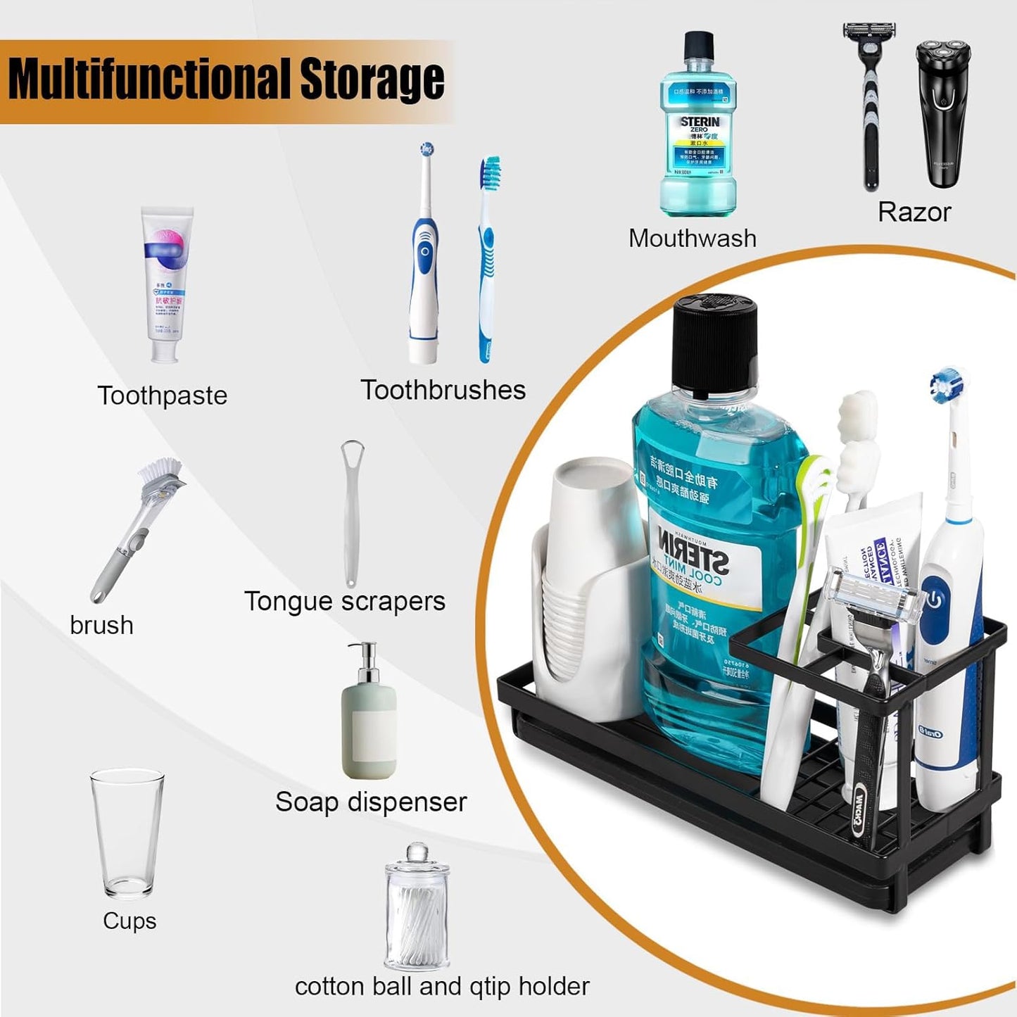 Toothbrush Holders Toothpaste Organizer Bathroom Accessories, Matte Black | Carbon Steel, 4 Slots, Removable Drip Tray, Easy to Clean, Electric Toothbrush Storage, for Countertop, Shower, Sink