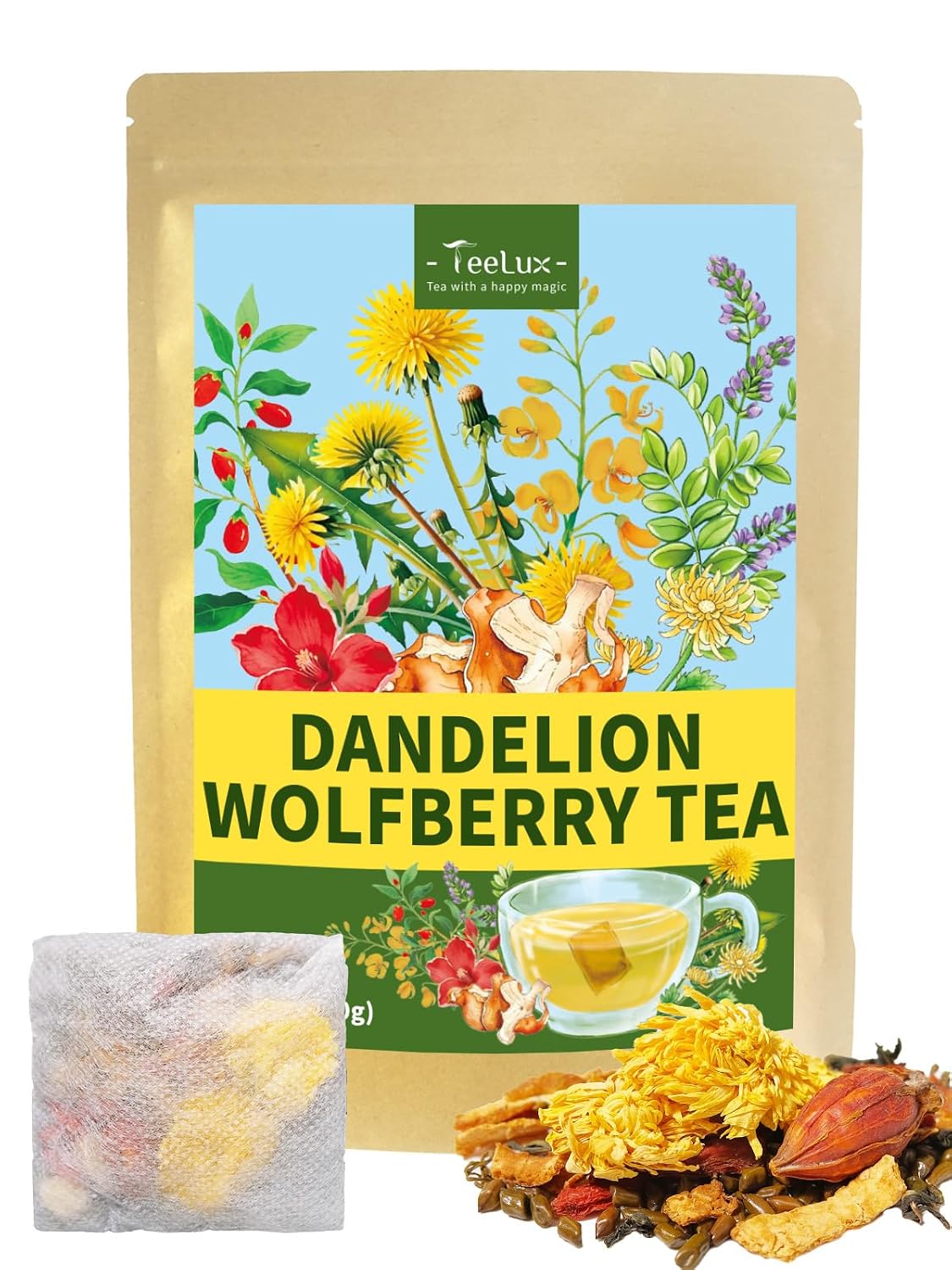 TeeLux Dandelion Leaf & Root Tea Bags, Natural Roasted Dandelion Root with Fresh Dandelion Leaf Herbal Tea, Caffeine Free, 100 Count