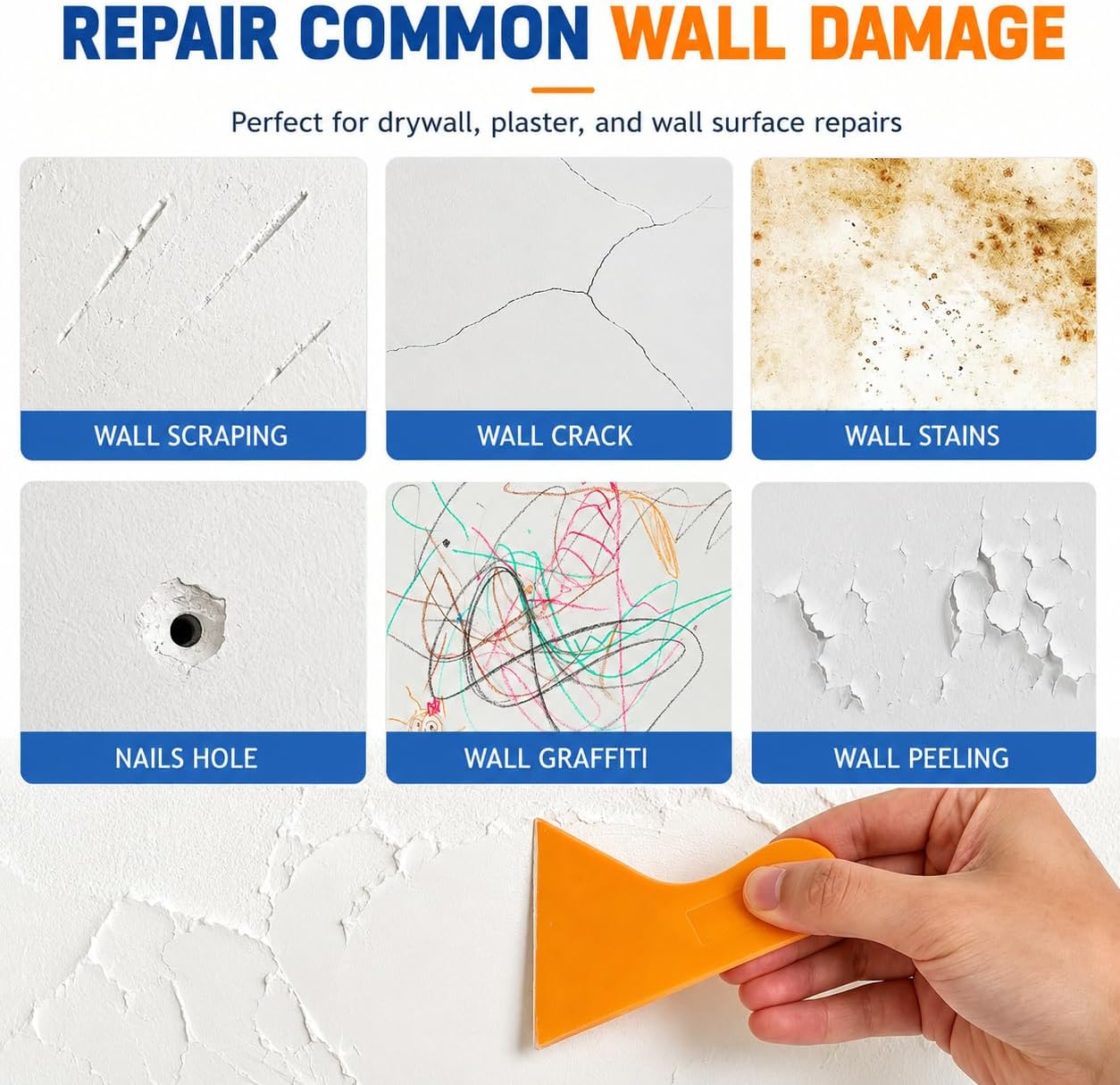 Drywall Repair Kit 2 Pack, 8.8 oz Each Wall Repair Putty Paste | White wall repair paste and putty kit with aluminum patches and tools for drywall holes, cracks and wall surface repair.