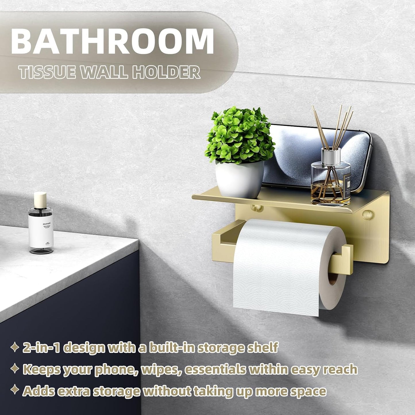 APLusee Matte Black Toilet Paper Holder with Storage Shelf, Wall Mounted | Rustproof 304 Stainless Steel, 2-in-1 Functional Toilet Paper and Phone Storage, Fits Bathroom, Restroom, Vanity, Kitchen