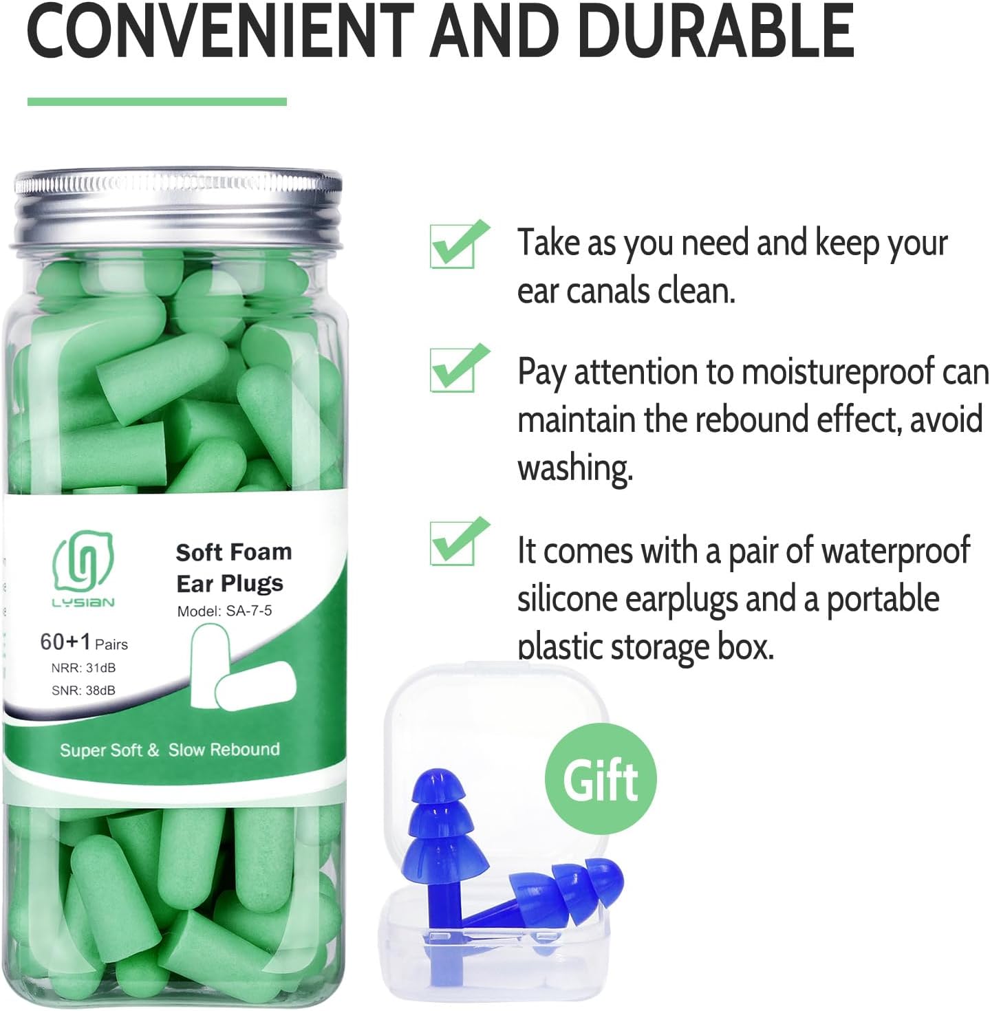 LYSIAN Foam Ear Plugs for Sleep, 60 Pairs, 38dB SNR, Purple | Ultra-soft noise reduction earplugs for snoring, shooting, study, work & travel; 38dB SNR, hearing protection
