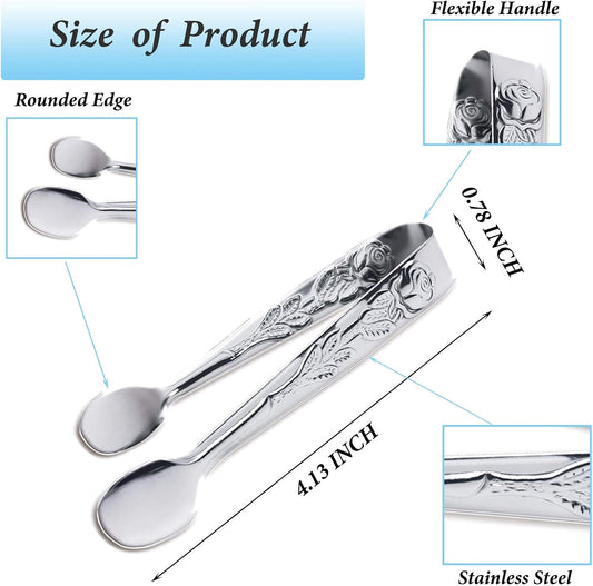 3PCS Mini Serving Tongs, 4Inch Rose Stainless Steel Sugar Cube Tongs, Sliver Small Ice Tong for Tea and Coffee Party, Appetizers, Desserts by Sunenlyst (Silver)