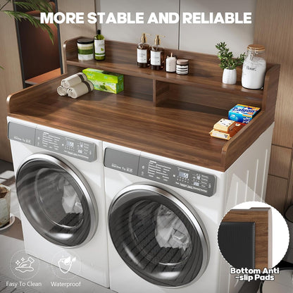 2-Tier Washer and Dryer Countertop with 2.75" H Guard,54" W x 27.5" D Laundry Countertop Cover with Non-Slip Pad,Large Space Laundry Topper for Folding Clothes Over Washer and Dryer-White