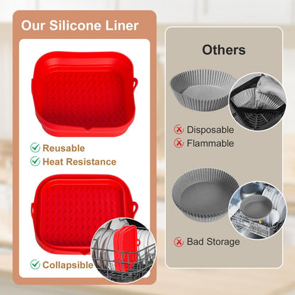 7.7 Inch Silicone Air Fryer Liners Square 2 Pack, Reusable Collapsible Dishwasher Safe Stackable Basket for Air Fryers (One Gray and One Green)