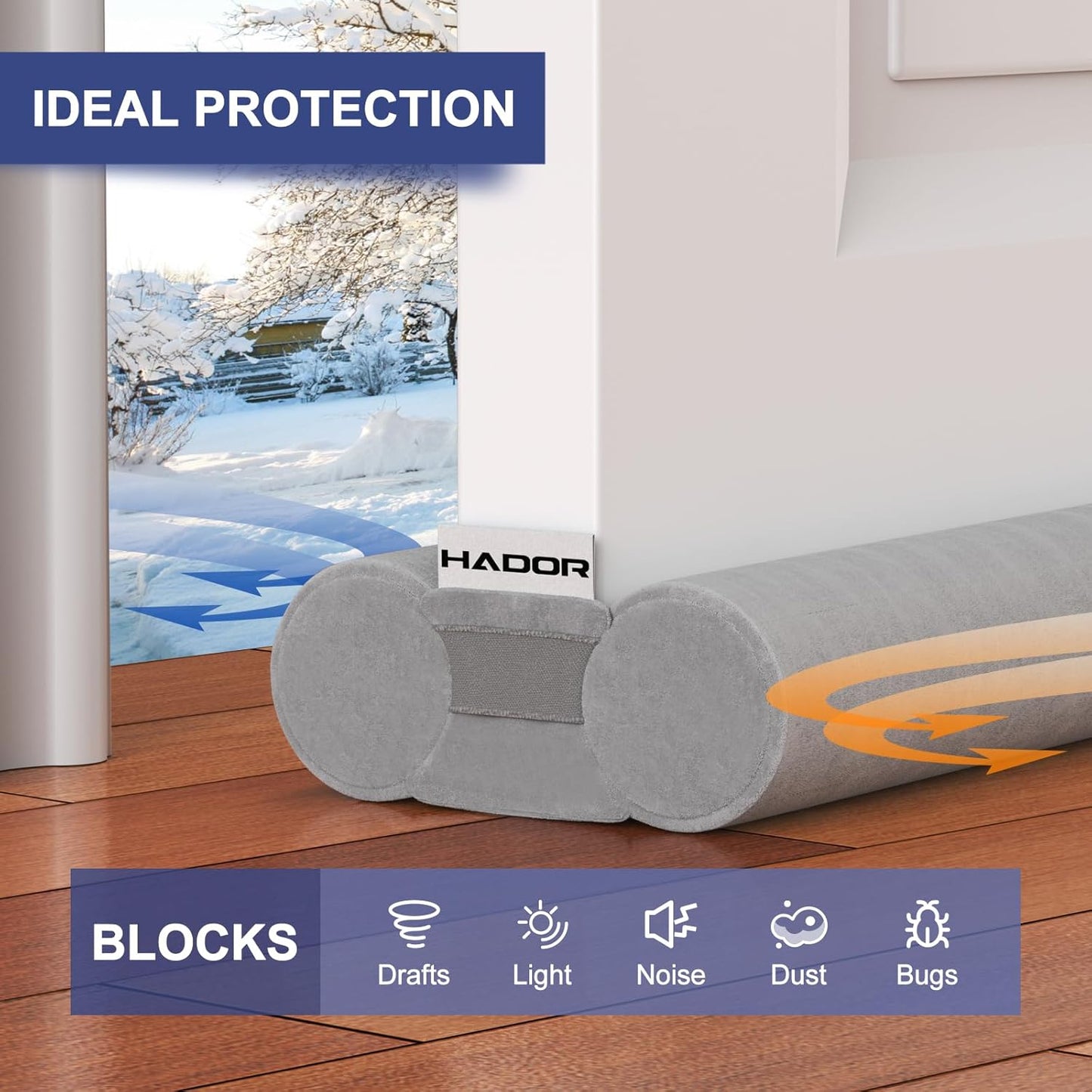 HADOR 30 Inch Door Draft Stopper, Fits 24-30" Doors, 0.5-1.7" Gaps, Gray | Double-Sided Under Door Gap Filler, Blocks Drafts, Dust, Light and Pet Hair, Easy Slide-On Fit, Machine Washable