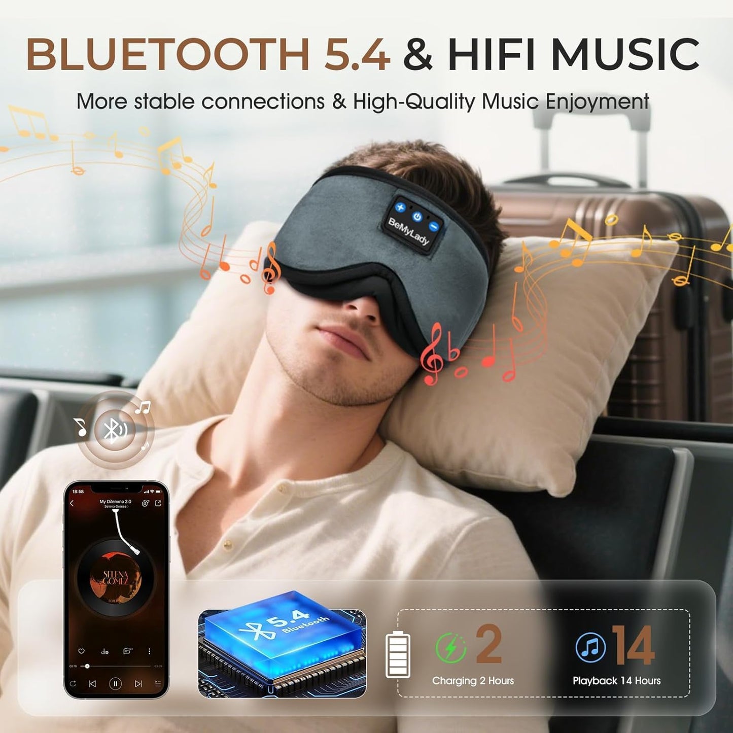 Sleep mask Headphones,100% Blackout 3D Zero Eye Pressure Bluetooth Sleep mask Breathable Eye mask with Bluetooth Headphones Sleep Headphones for Side Sleepers, 14H Playtime&Bluetooth 5.4 Black