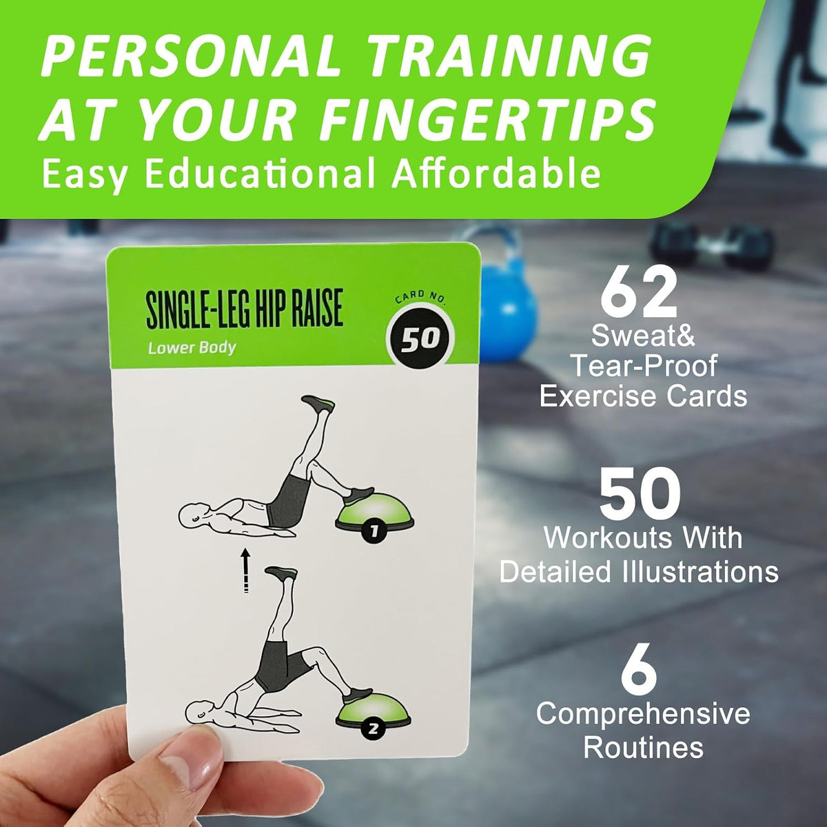 Half Balance Ball Workout Cards, 62 Exercises Cards Deck Large Size 5" x 3.5" Fitness Cards for Women & Men, Beginner Fitness Guide to Training Exercises at Home or Gym