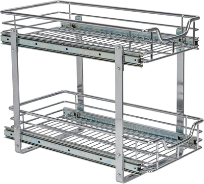 Household Essentials Glidez Multipurpose Chrome-Plated Steel Pull-Out/Slide-Out Storage Organizer for Cookware and Bakeware - 2-Tier Design - Fits Standard Size Cabinet or Shelf, Chrome