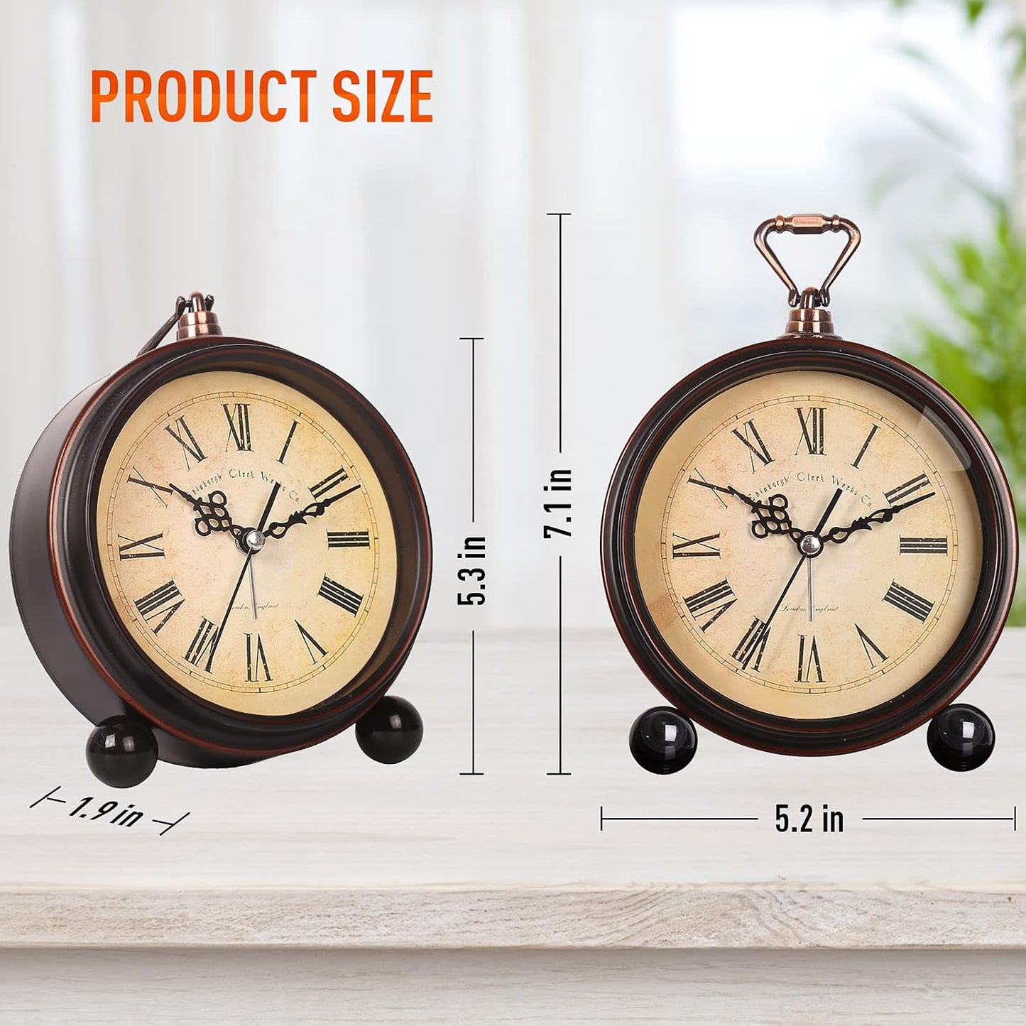 RODH Battery Alarm Clock,Vintage Retro Alarm Clock with Night Light，Hangable,Super Silent, Non Ticking Analog Small Table Clock for Bedroom,Bedside, Desk,Shelf