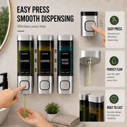 Shampoo and Conditioner Dispenser, Shower Soap Dispenser Wall Mounted, Shower Dispenser 3 Chamber No Drill for Bathroom Large Capacity (Silver)