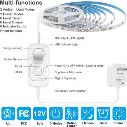 Motion Sensor Under Cabinet Lights - Plug-in LED Strip Lights Indoor with Power Adapter, Dimmer and Timer for Kitchen Cabinet, Counter, Shelf, Showcase, Stairway, Bedroom, Corridor, Washroom