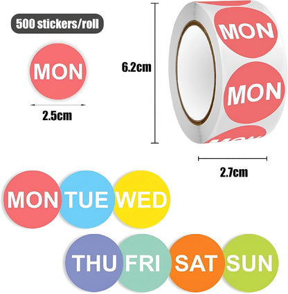 7 Day of The Week Sticker,1 Inch Round Day Dot Food Rotation Labels - 3500 Pcs Date Stickers for Food Containers (500 Labels/Roll)