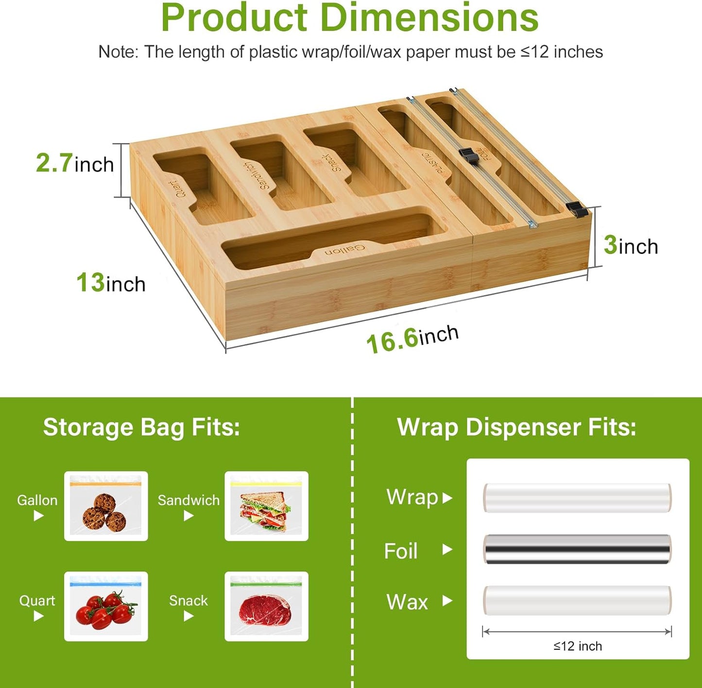 KOCWELL Bag Organizer and Plastic Wrap Dispenser with Cutter, 6 In 1 Bamboo Foil and Plastic Wrap Organizer for Kitchen Drawer, Food Storage Bag Organizer for Gallon,Quart,Sandwich,Snack(Yellow)