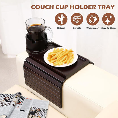 GHKINMAL Couch Cup Holder Tray, 3 in 1 Couch Arm Trays,Large Bamboo Chair Arm Rest Tray with 360° Cup Holder,Removable Anti-Slip Organizer for Snack Eating