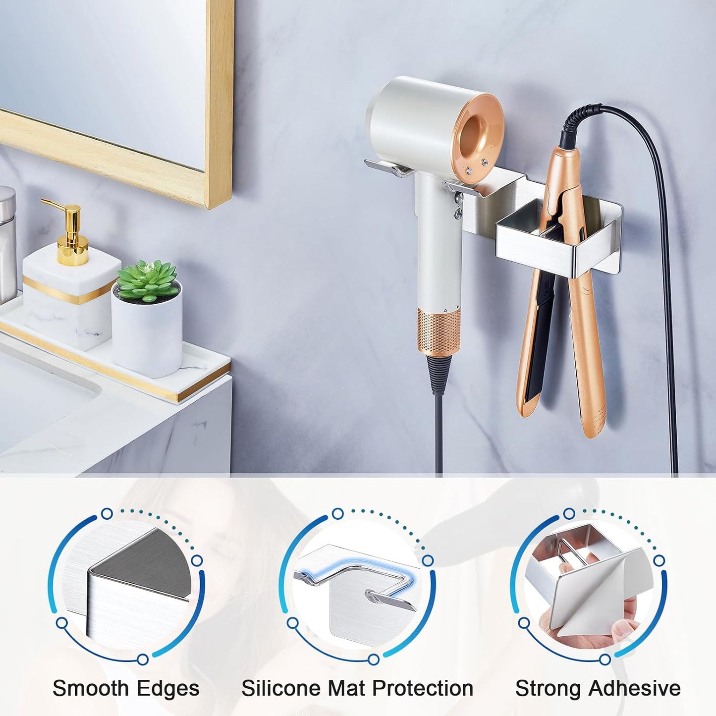 Hair Dryer Holder Wall Mounted, Hair Straightener Holder Metal, Adhesive Blow Dryer and Hair Straightener Holder, Bathroom Bedroom Hair Tool Organizer for Flat Iron,Curling Iron,Hairdryer (White)
